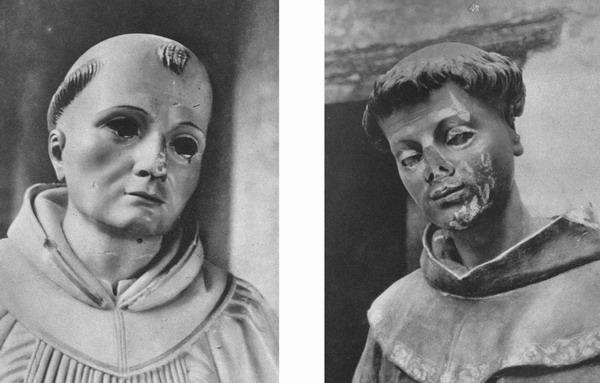 011.jpg - A la izq. imagen de San Bruno con sus ojos arrancados, Convento de San Clemente. A la derecha, imagen profanada de un franciscano de un Convento de Oropesa (Toledo).