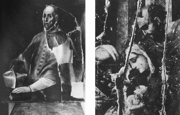 030.jpg - A la izq. Retrato del Cardenal Tavera del Greco. Roto a golpes de cuchillo, del Hospital de Tavera (Toledo). A la derecha, Adoración de los Magos -detalle- en Posadas (Córdoba).